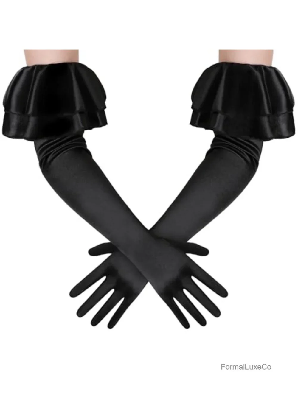 Long Satin Opera Gloves for Women with Ruffled Cuffs - Evening Party Wear